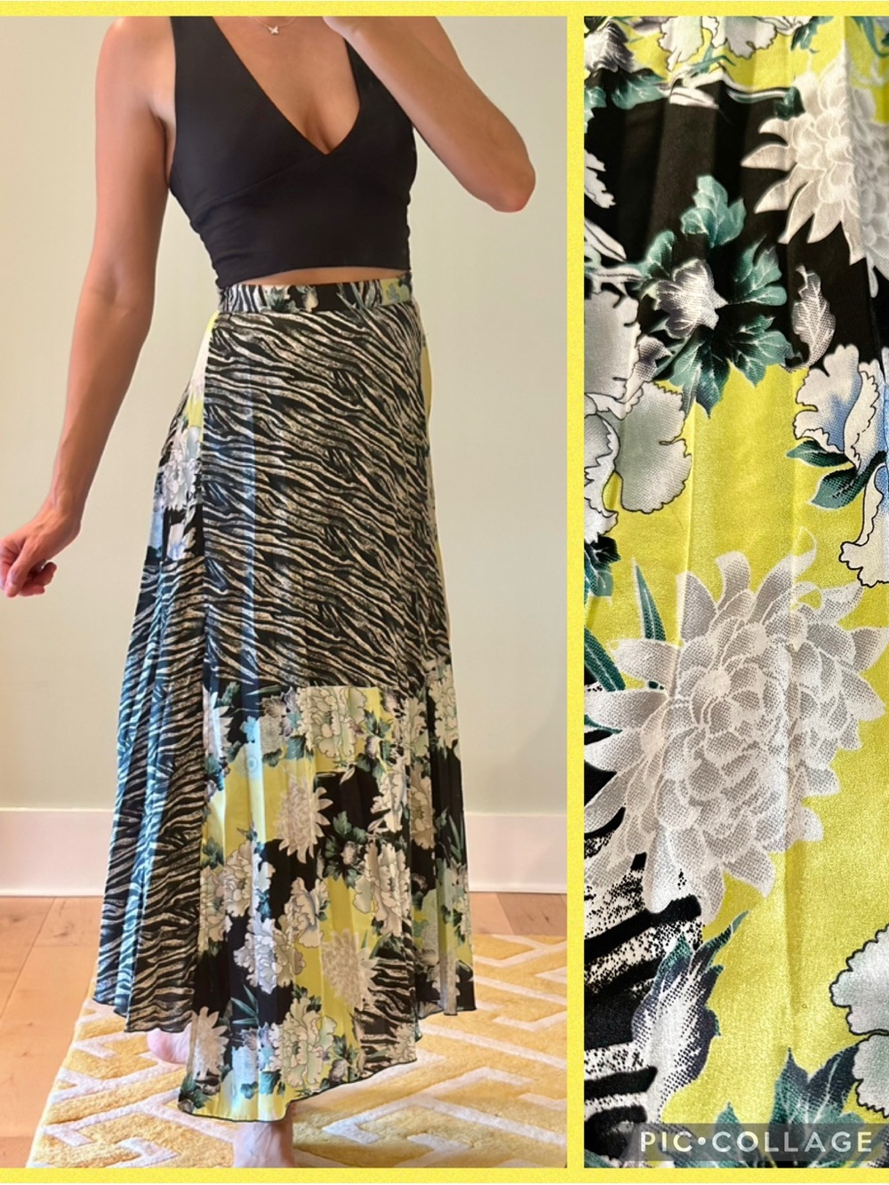 ASOS Black Yellow Teal Silver Floral Zebra Print Midi Skirt